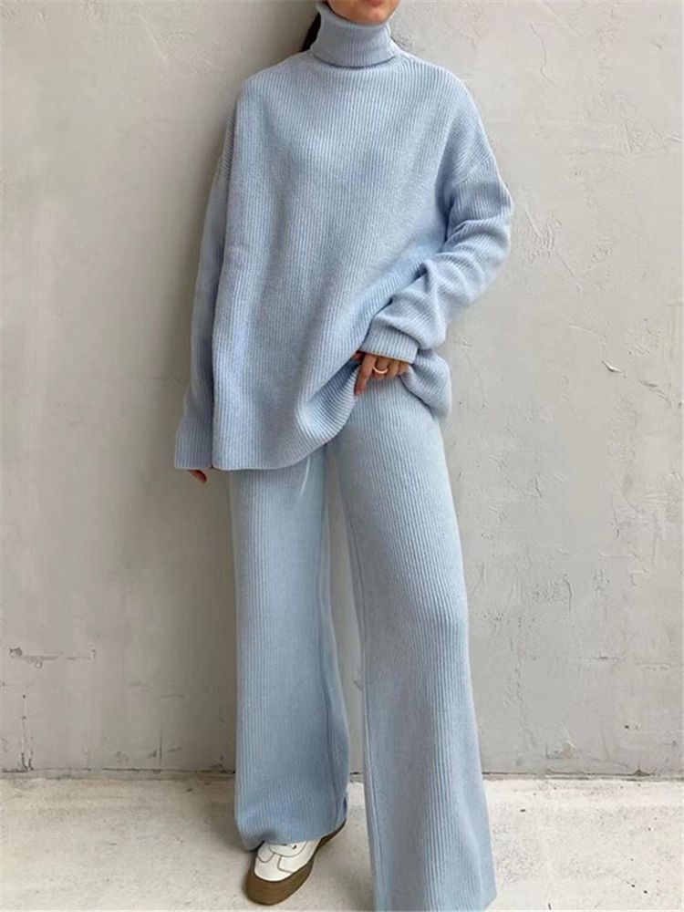 Women Sets Knitted Tracksuit Turtleneck Sweater