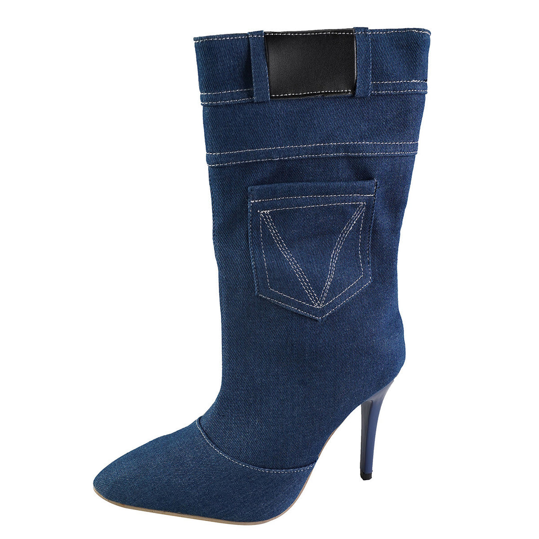 Fashion Denim Boots Women's Stiletto Pointed Toe Western Boots With Pocket Design