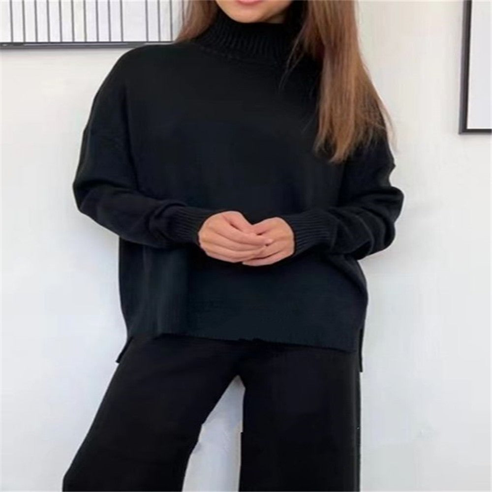 Women Sets Knitted Tracksuit Turtleneck Sweater