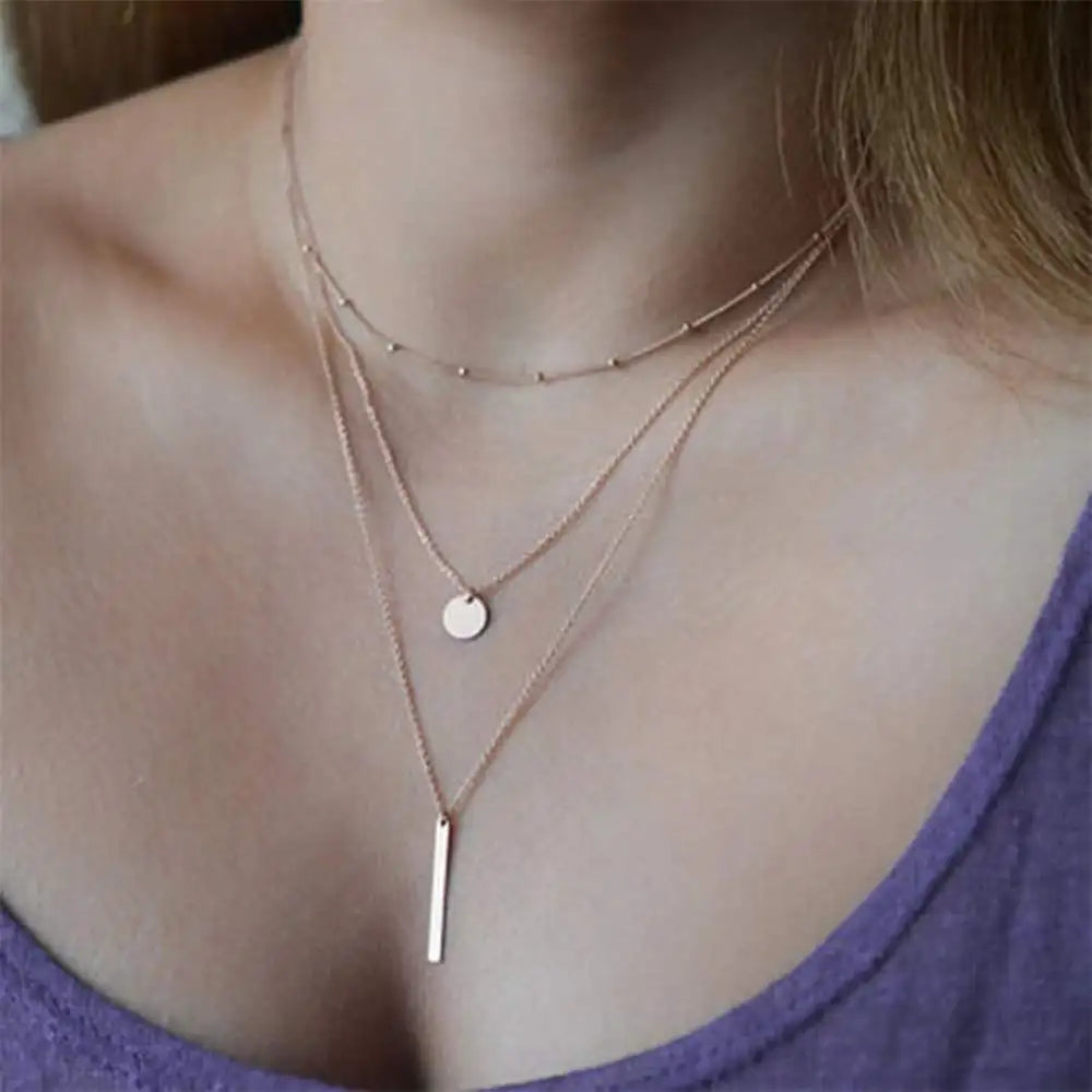 Silver Three Layer Necklace Shiny Long Bar Pendant Women.
