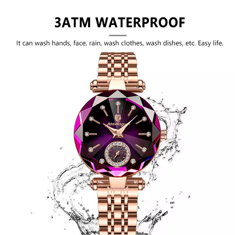 Waterproof Stainless Steel Diamond Ladies Quartz Wristwatch
