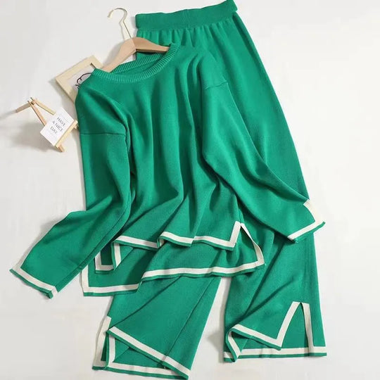 O-neck Long Sleeve Side Slit Pullover Sweater+high Waist Wide Leg Pants Two Piece Set