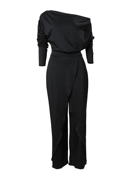 Elegant Jumpsuits for Women Loose Ruched Cold Shoulder Split Hem Wide Leg Jumpsuit