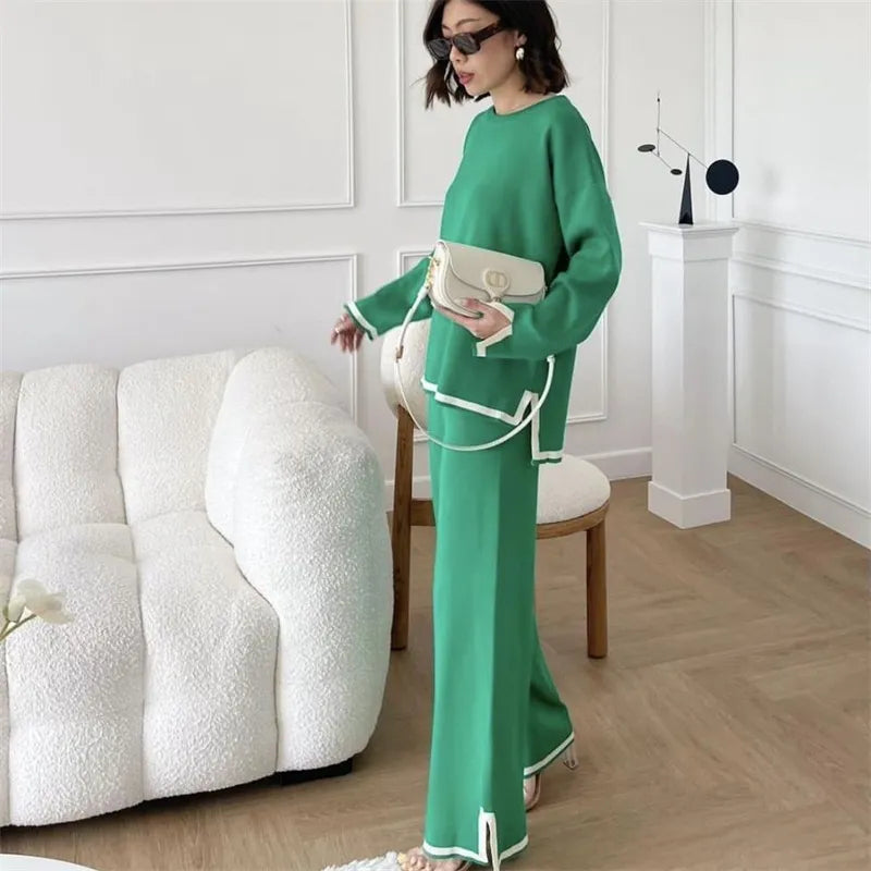 O-neck Long Sleeve Side Slit Pullover Sweater+high Waist Wide Leg Pants Two Piece Set