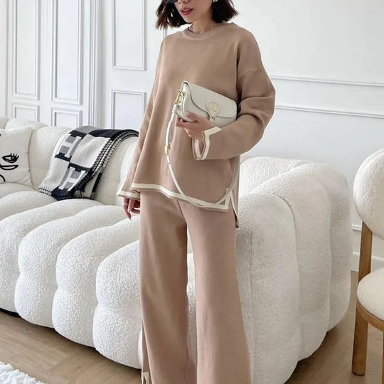 O-neck Long Sleeve Side Slit Pullover Sweater+high Waist Wide Leg Pants Two Piece Set